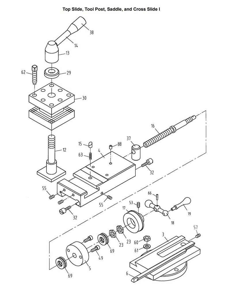 Top Slide, Tool Post, Saddle And Cross Slide I Diagram and Parts List for 321459 GH-1340W Jet Lathe