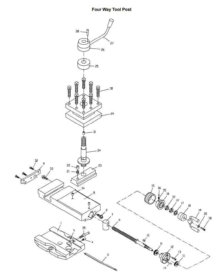 Four Way Tool Post Diagram and Parts List for 321139 ZX Jet Lathe