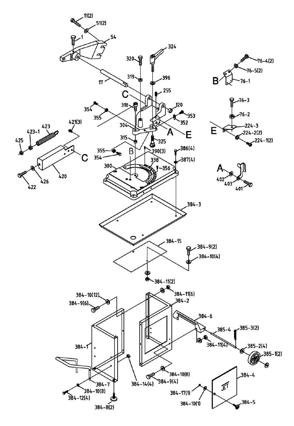 Fig-0 Diagram and Parts List for 414558  Jet Table Saw