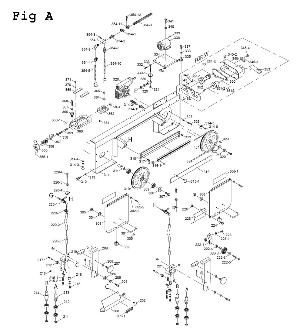 Fig-1 Diagram and Parts List for EHB-8VSM 891020 Jet Table Saw