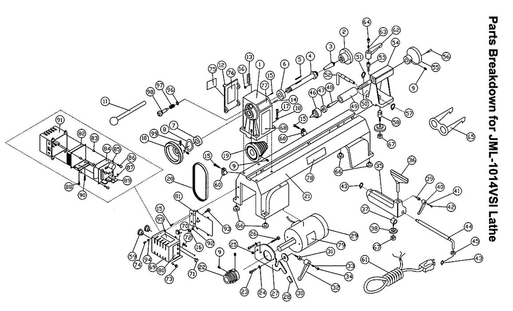 Lathe Diagram and Parts List for 708375VS JML-1014VSI Jet Lathe