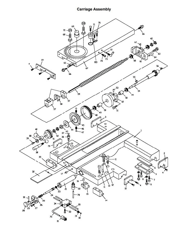 Carriage Assembly Diagram and Parts List for 321139 ZX Jet Lathe