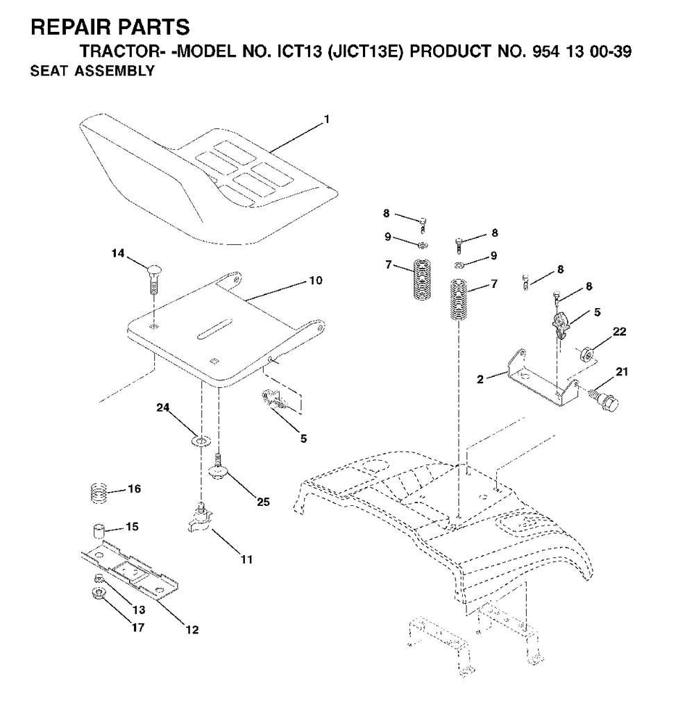 Seat Diagram and Parts List for ICT13 (954130039)(2001-09) Jonsered Lawn Tractor