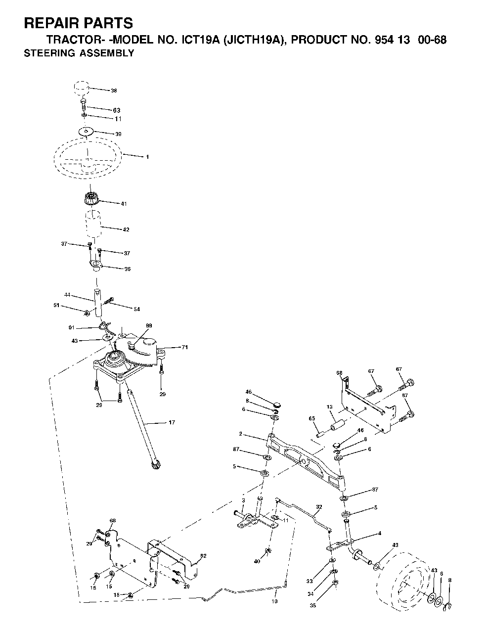Steering Diagram and Parts List for ICT19A (954130068)(2002-02) Jonsered Lawn Tractor