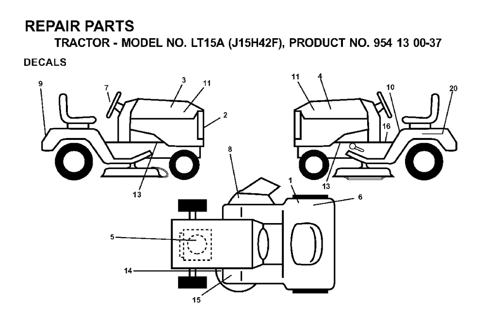 Decals Diagram and Parts List for LT15A (954130037-F)(2000-04) Jonsered Lawn Tractor