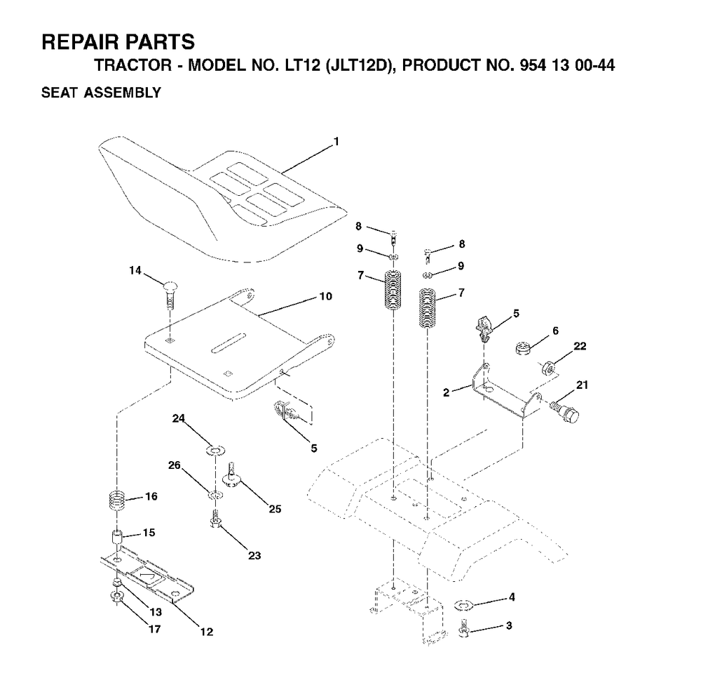 Seat Diagram and Parts List for LT12 (954130044)(2002-02) Jonsered Lawn Tractor