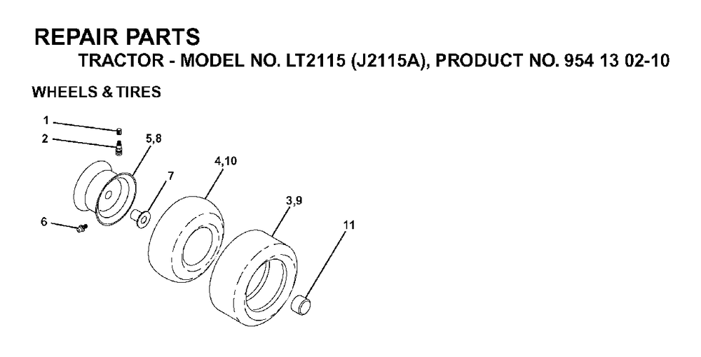Wheels Tires Diagram and Parts List for LT2115 (954130210)(2004-01) Jonsered Lawn Tractor