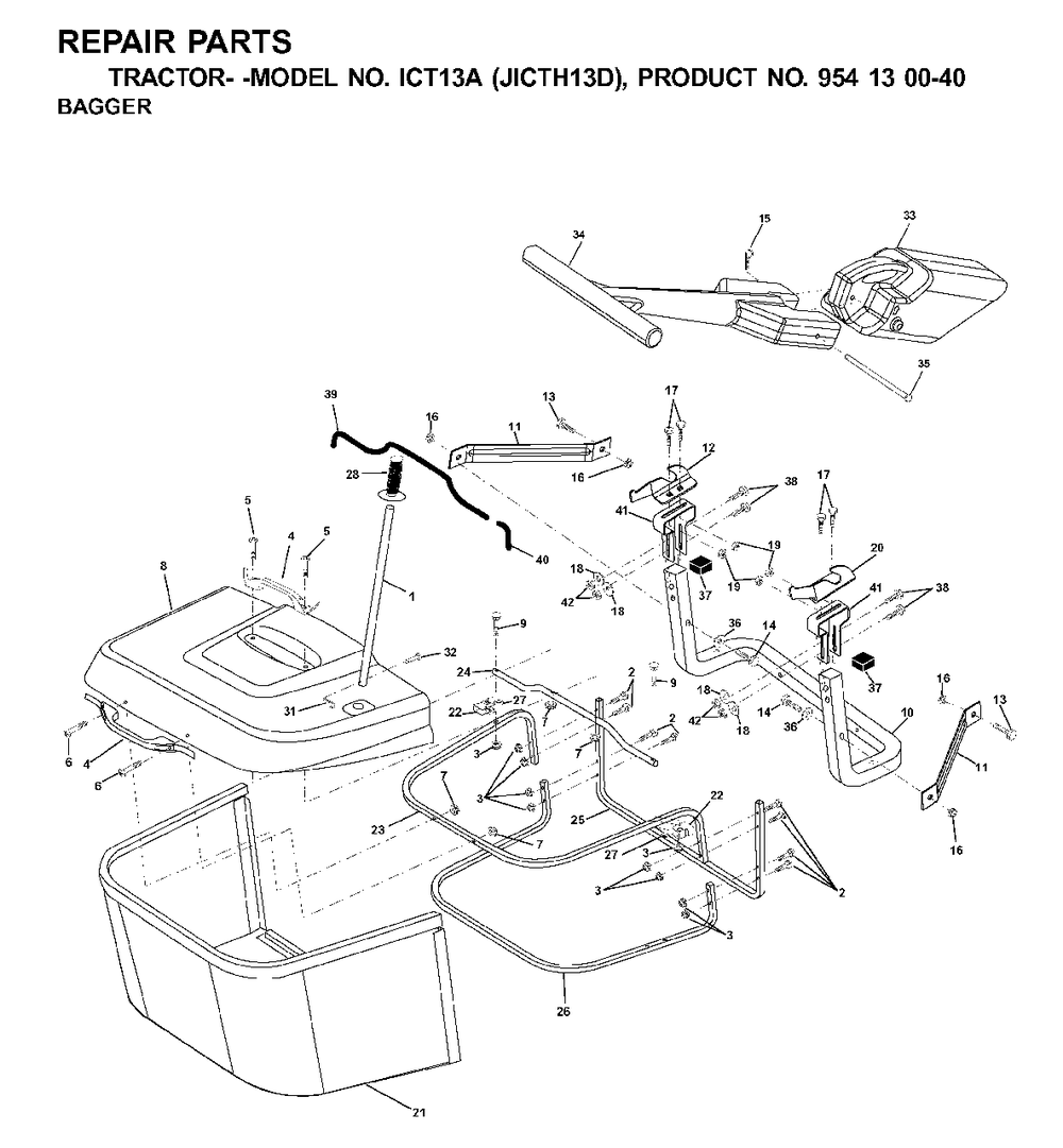 Bagger Diagram and Parts List for ICT13A (954130040-D)(2001-02) Jonsered Lawn Tractor