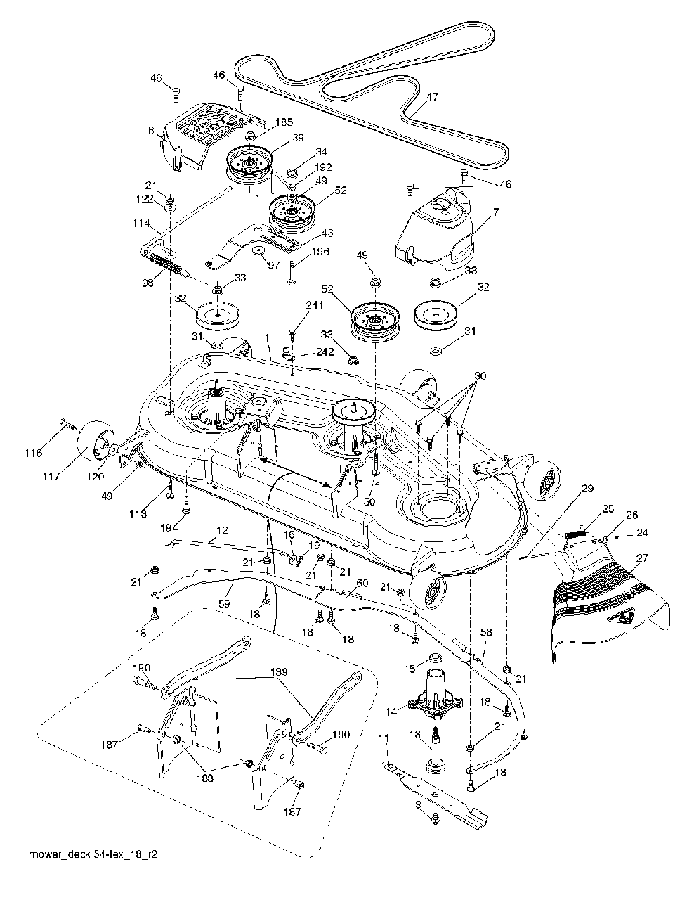 Mower Deck / Cutting Deck Diagram and Parts List for 2754GTHI (960430191-00)(2013-12) Jonsered Lawn Tractor