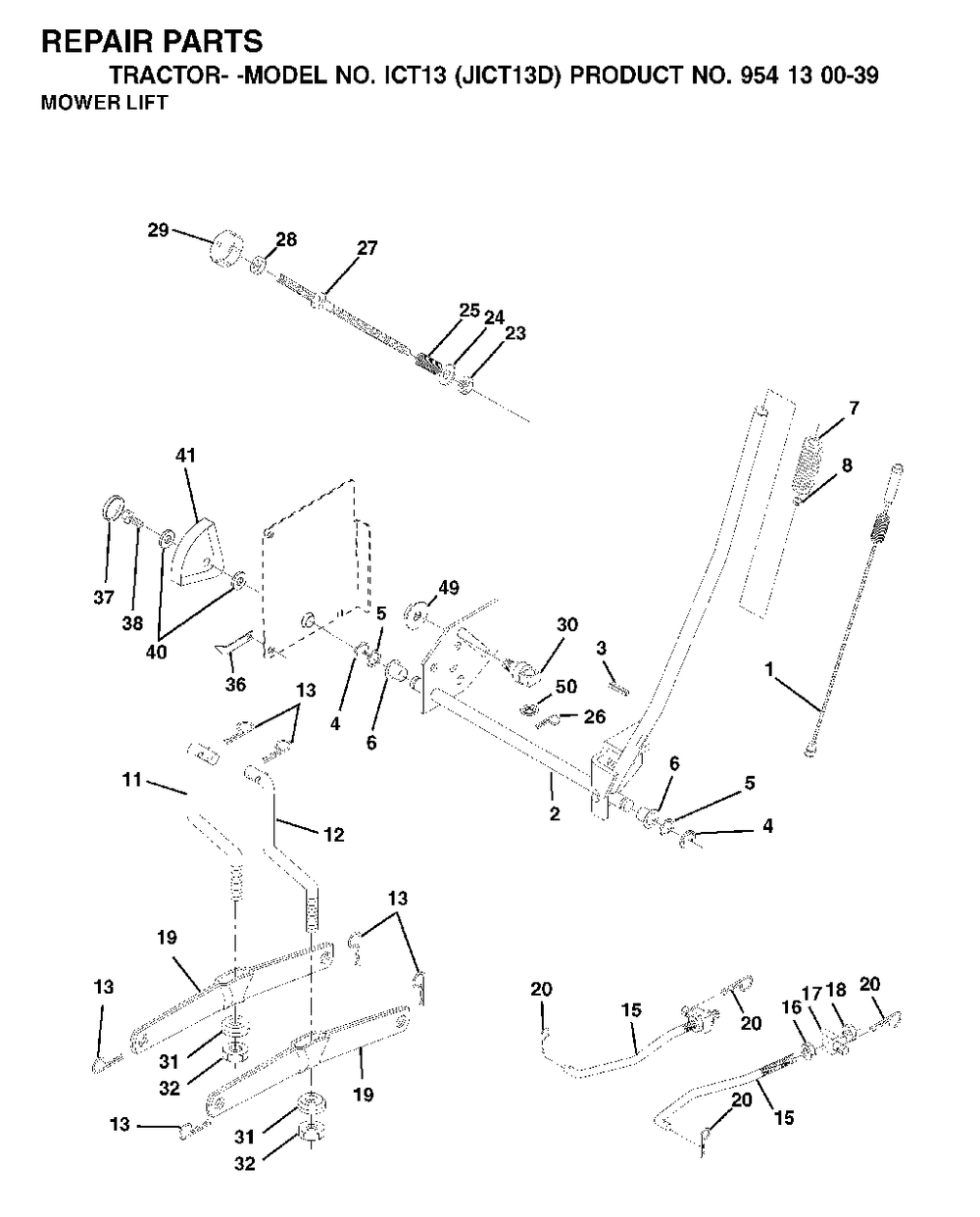 Mower Lift / Deck Lift Diagram and Parts List for ICT13 (954130039)(2001-01) Jonsered Lawn Tractor