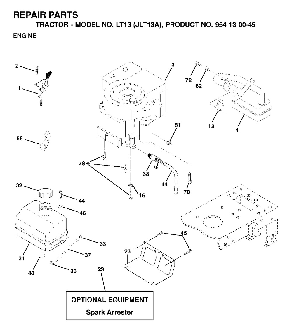 Engine Cutting Equipment Diagram and Parts List for LT13 (954130045)(2001-01) Jonsered Lawn Tractor