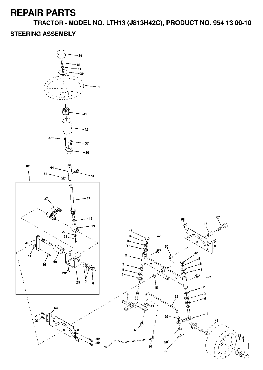 Steering Diagram and Parts List for LTH13 (954130010)(1998-12) Jonsered Lawn Tractor
