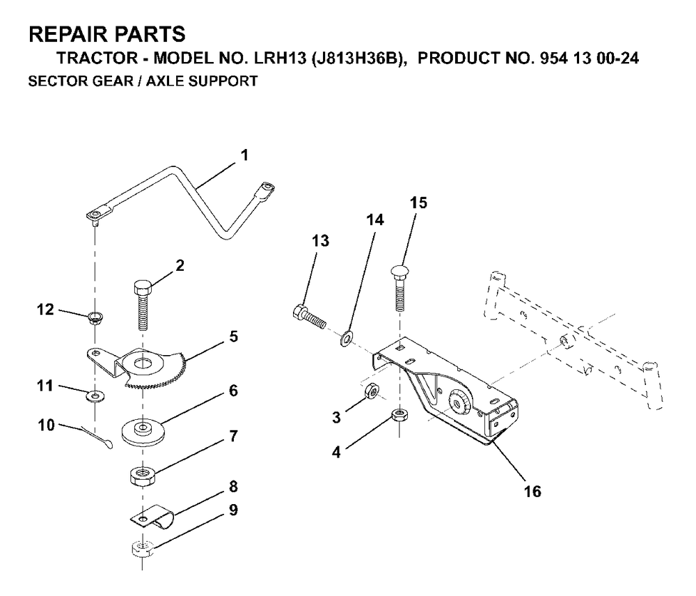 Sector Gear / Axle Support Diagram and Parts List for LRH13 (954130024)(1998-12) Jonsered Lawn Tractor