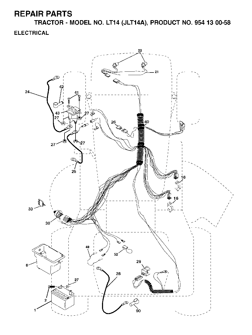 Electrical Diagram and Parts List for LT14 (954130058)(2002-06) Jonsered Lawn Tractor