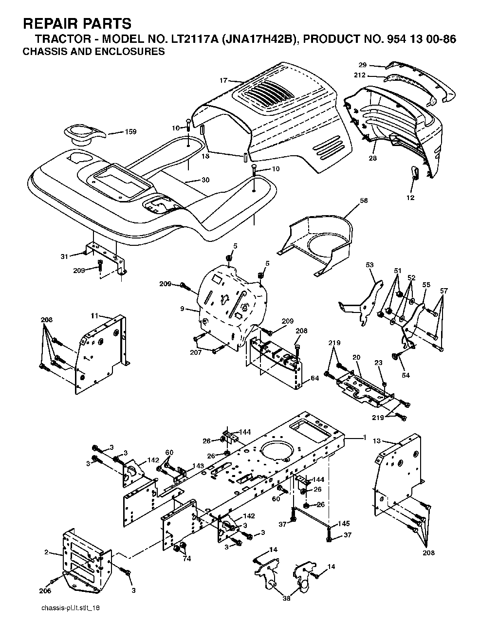 Chassis Enclosures Diagram and Parts List for LT2117A (954130086)(2003-05) Jonsered Lawn Tractor