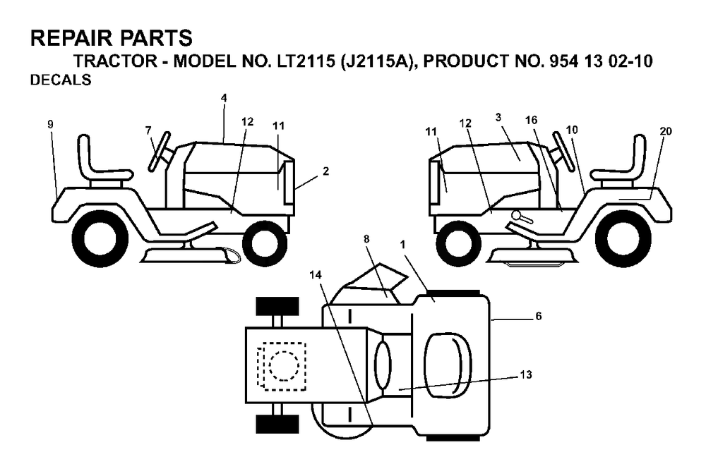 Decals Diagram and Parts List for LT2115 (954130210)(2004-01) Jonsered Lawn Tractor