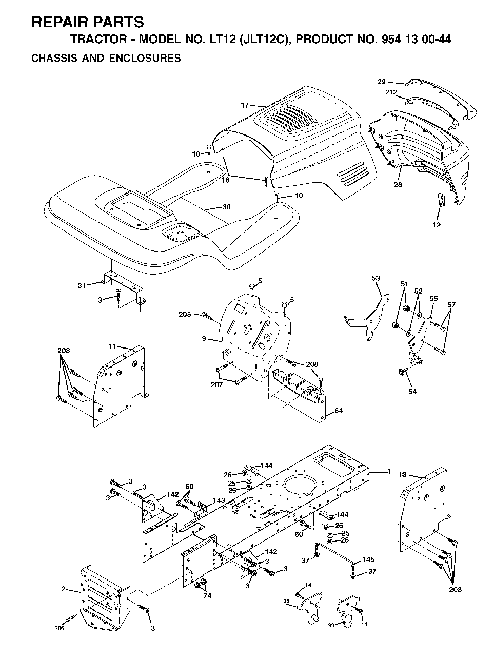 Chassis Enclosures Diagram and Parts List for LT12 (954130044)(2001-09) Jonsered Lawn Tractor