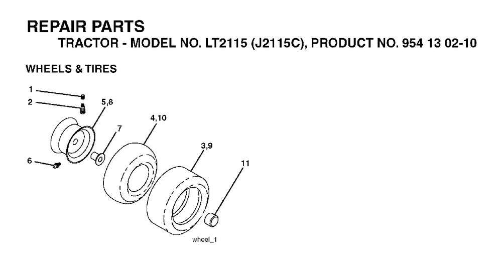 Wheels Tires Diagram and Parts List for LT2115 (954130210)(2004-09) Jonsered Lawn Tractor