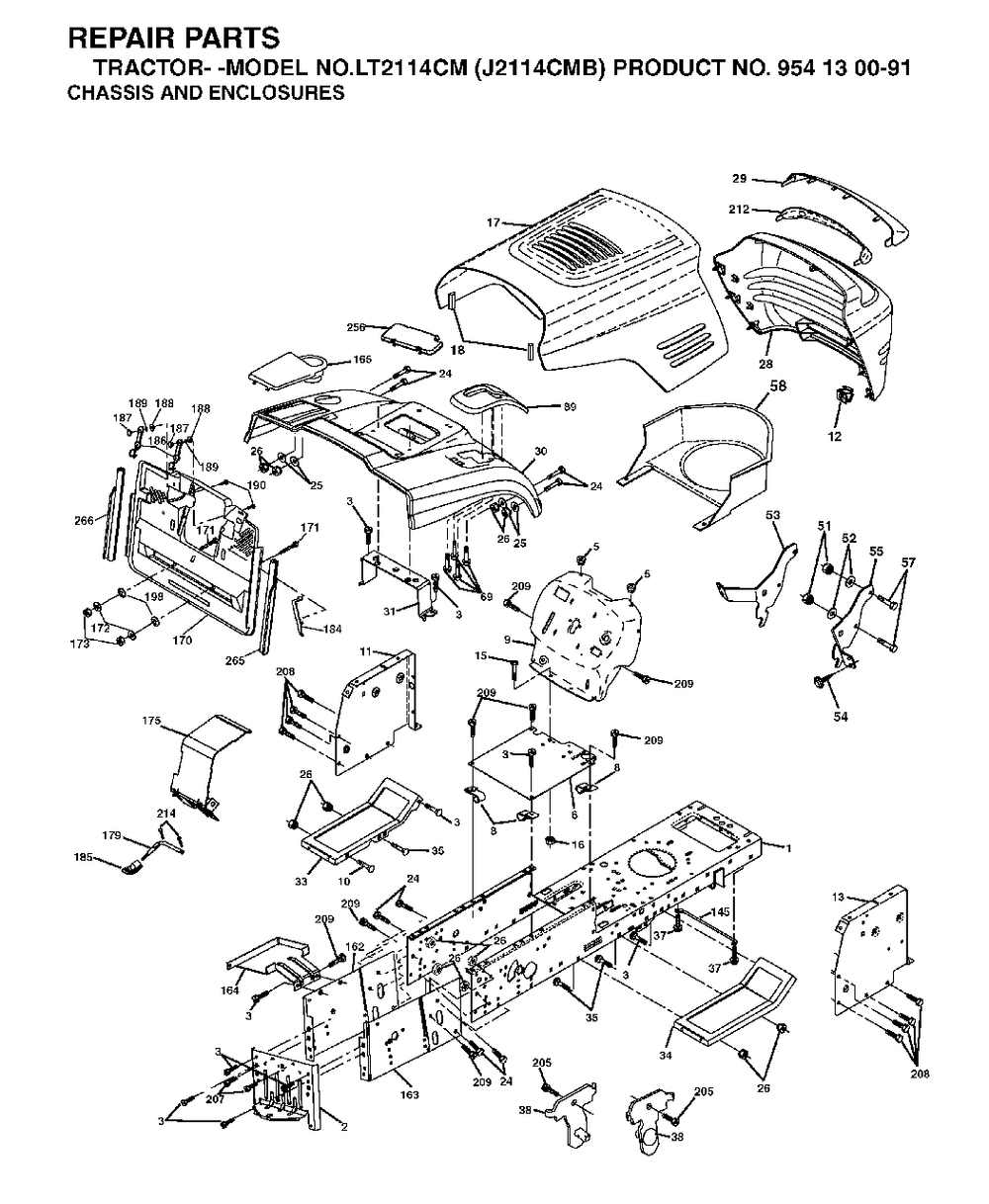 Chassis Enclosures Diagram and Parts List for LT2114CM (954130091)(2003-05) Jonsered Lawn Tractor