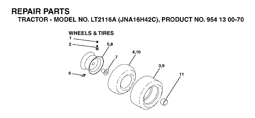 Wheels Tires Diagram and Parts List for LT2116A (954130070)(2003-05) Jonsered Lawn Tractor