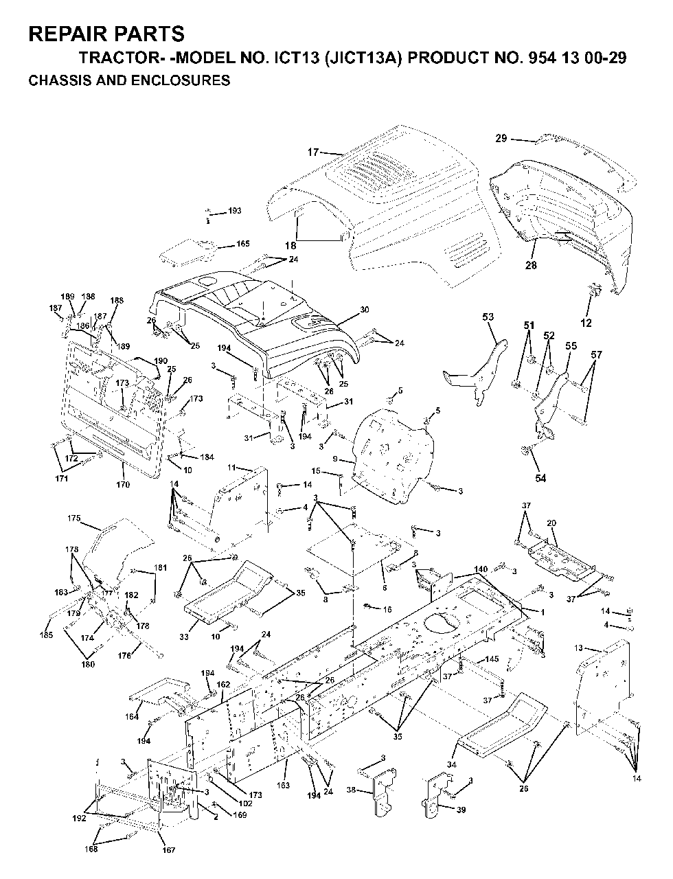 Chassis Enclosures Diagram and Parts List for ICT13 (954130029)(1999-03) Jonsered Lawn Tractor