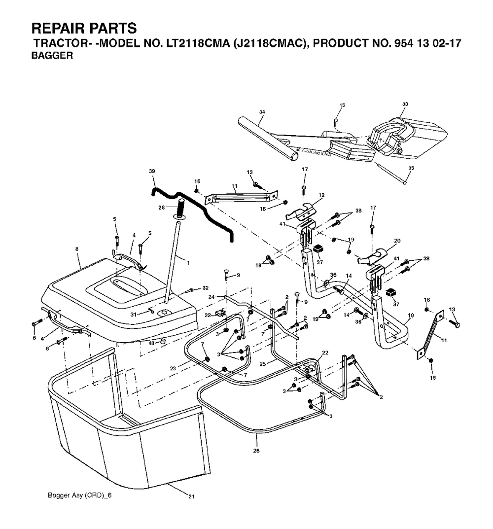 Bagger Diagram and Parts List for LT2118CMA (954130217-C)(2004-06) Jonsered Lawn Tractor