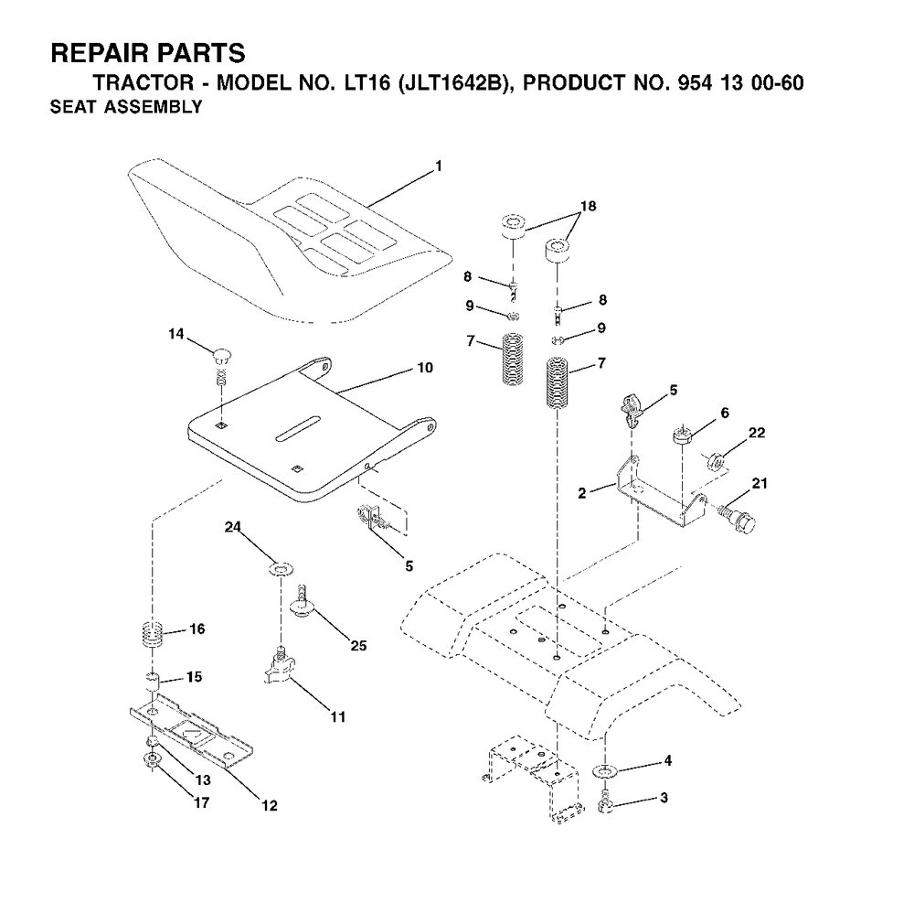 Seat Diagram and Parts List for LT16 (954130060-B)(2002-06) Jonsered Lawn Tractor