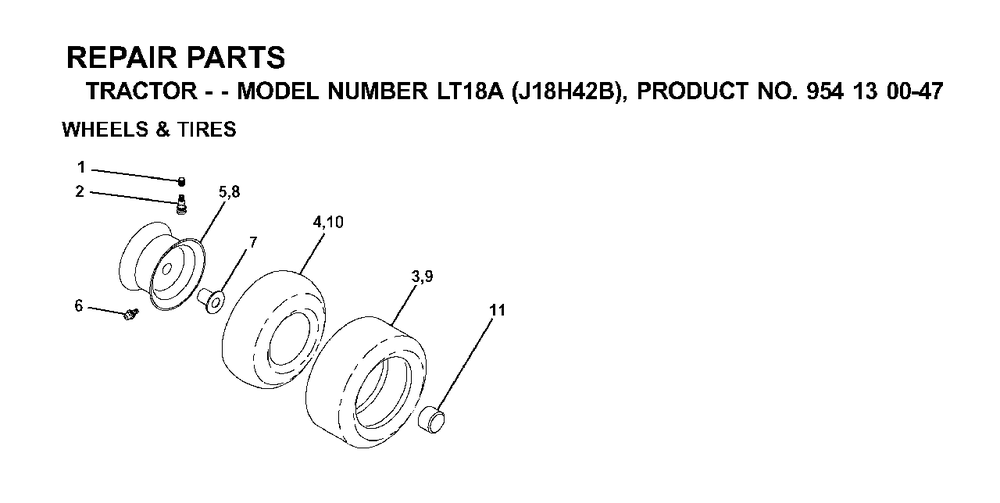 Wheels Tires Diagram and Parts List for LT18A (954130047-B)(2001-01) Jonsered Lawn Tractor