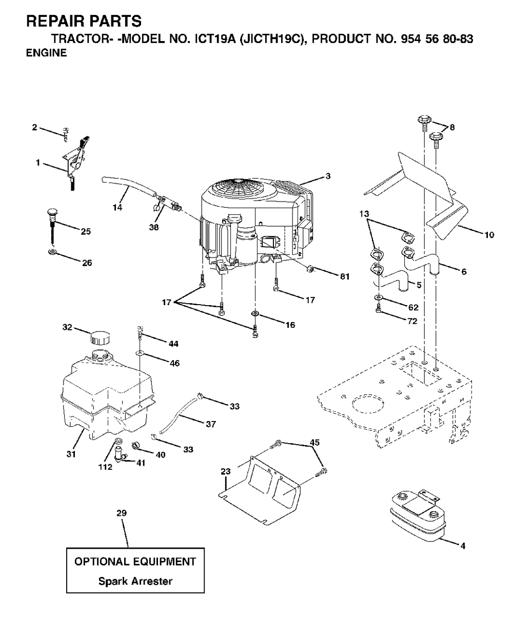 Engine Diagram and Parts List for ICT19A (954568083)(2002-06) Jonsered Lawn Tractor