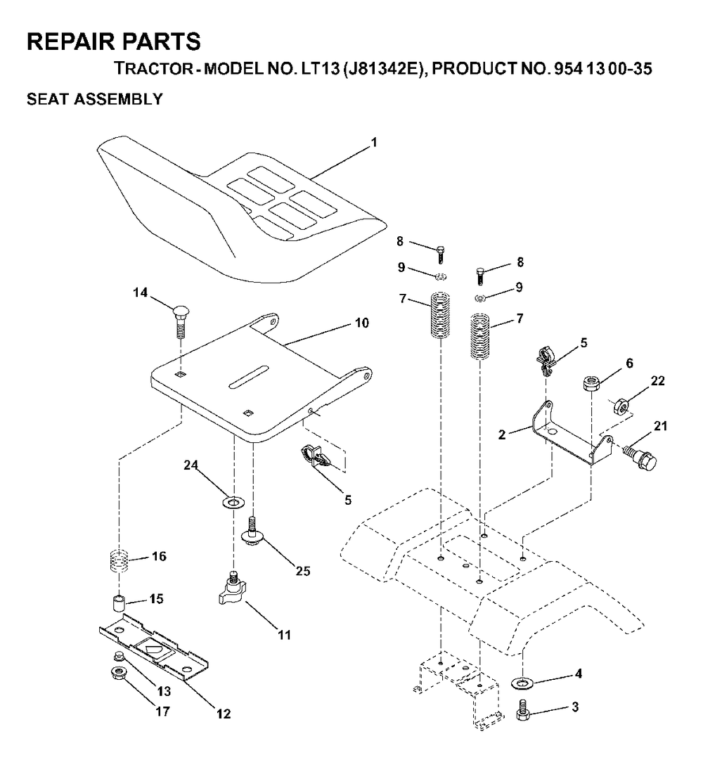 Seat Diagram and Parts List for LT13 (954130035)(2000-02) Jonsered Lawn Tractor