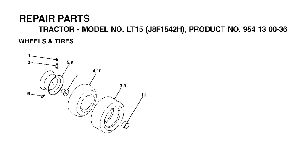 Wheels Tires Diagram and Parts List for LT15 (954130036-H)(2001-01) Jonsered Lawn Tractor