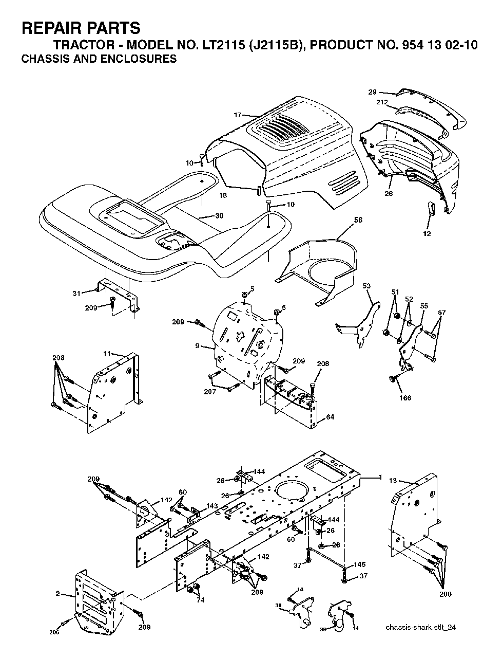 Chassis Enclosures Diagram and Parts List for LT2115 (954130210)(2004-06) Jonsered Lawn Tractor