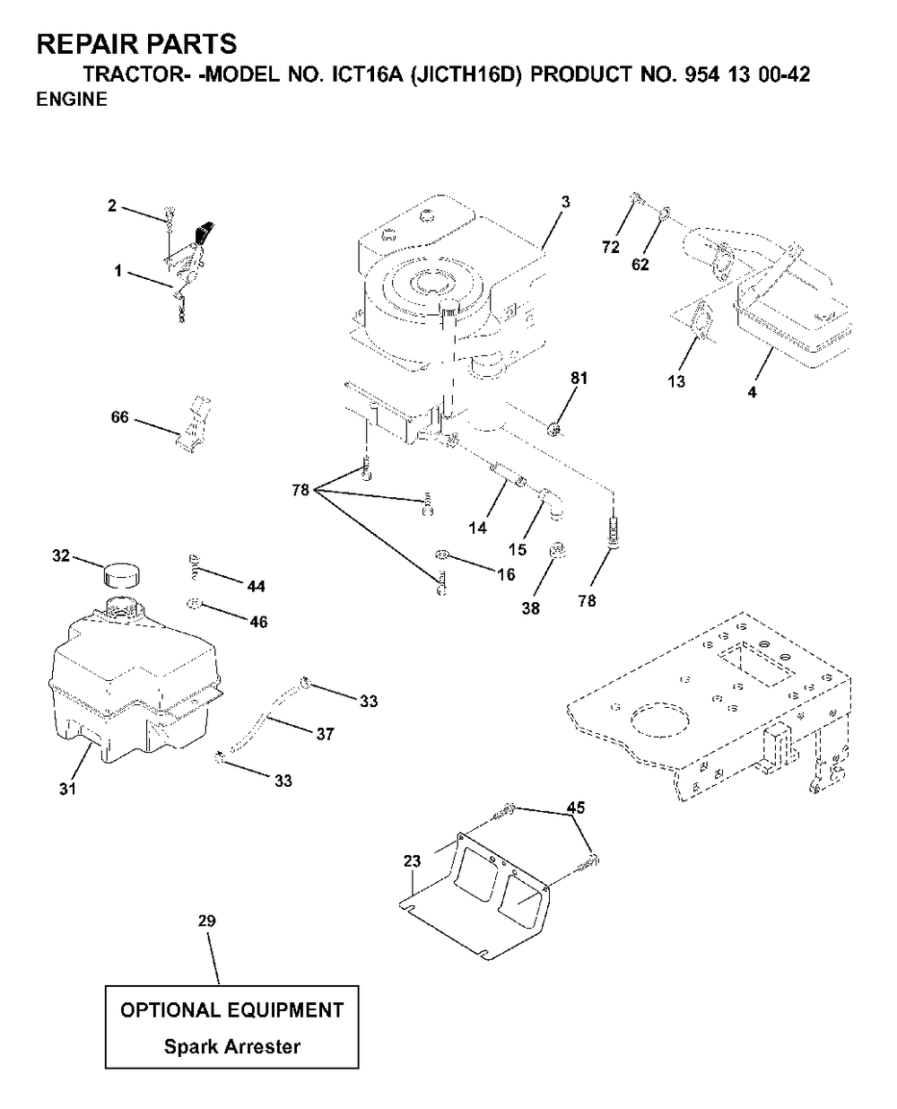Engine Cutting Equipment Diagram and Parts List for ICT16A (954130042-D)(2000-04) Jonsered Lawn Tractor