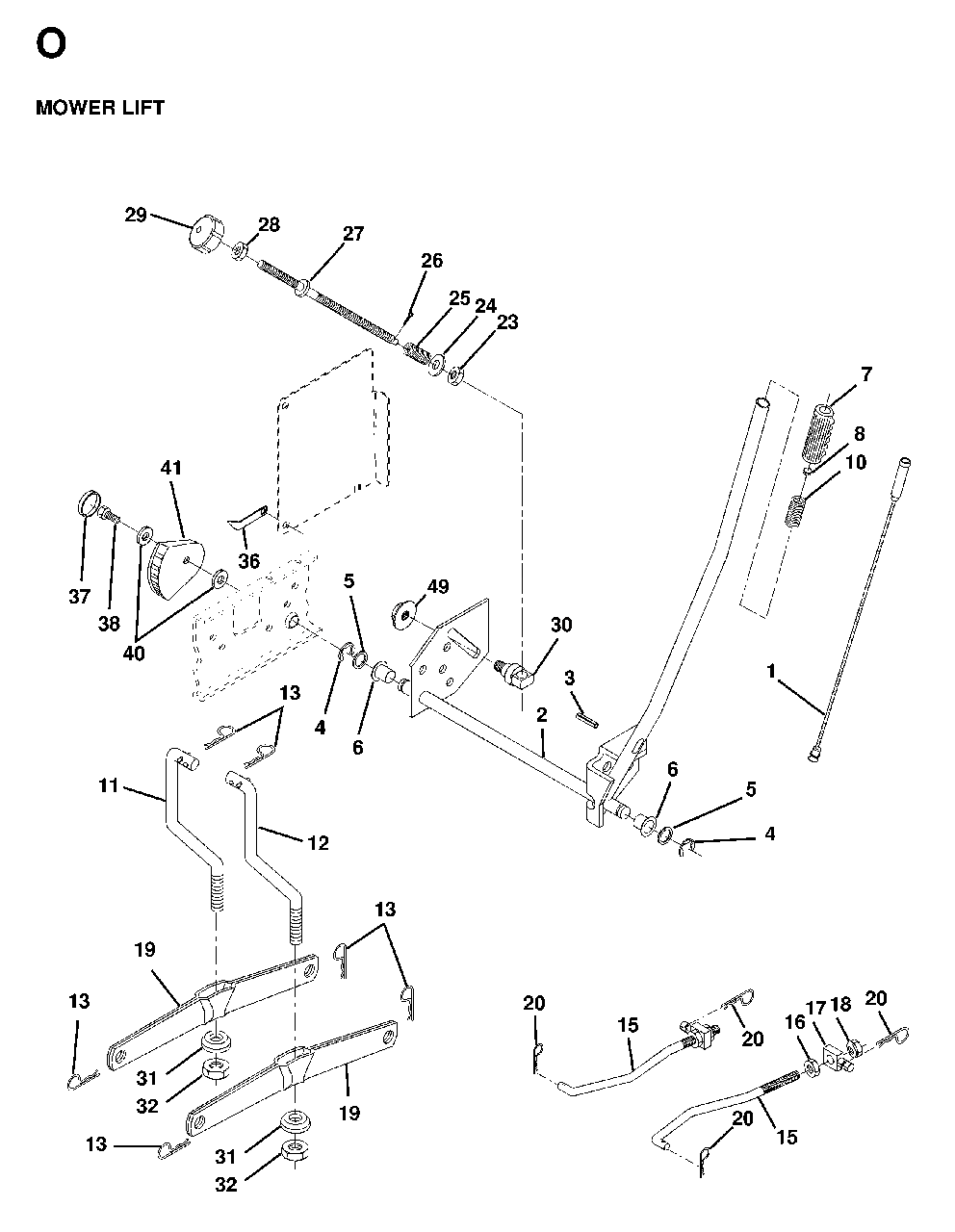 Mower Lift / Deck Lift Diagram and Parts List for LTH18 1998-02 Jonsered Lawn Tractor