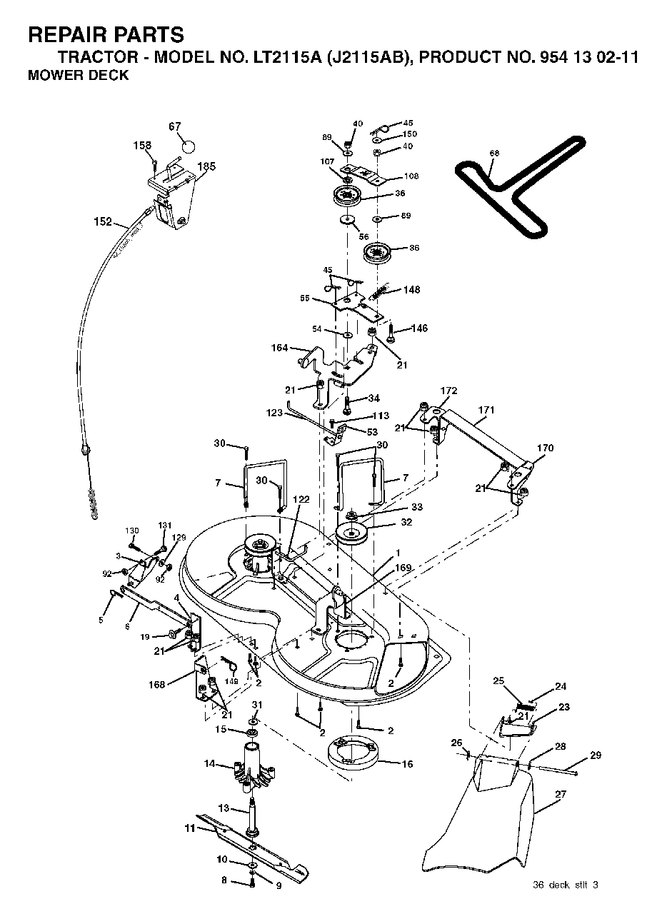 Mower Deck / Cutting Deck Diagram and Parts List for LT2115A (954130211)(2004-06) Jonsered Lawn Tractor