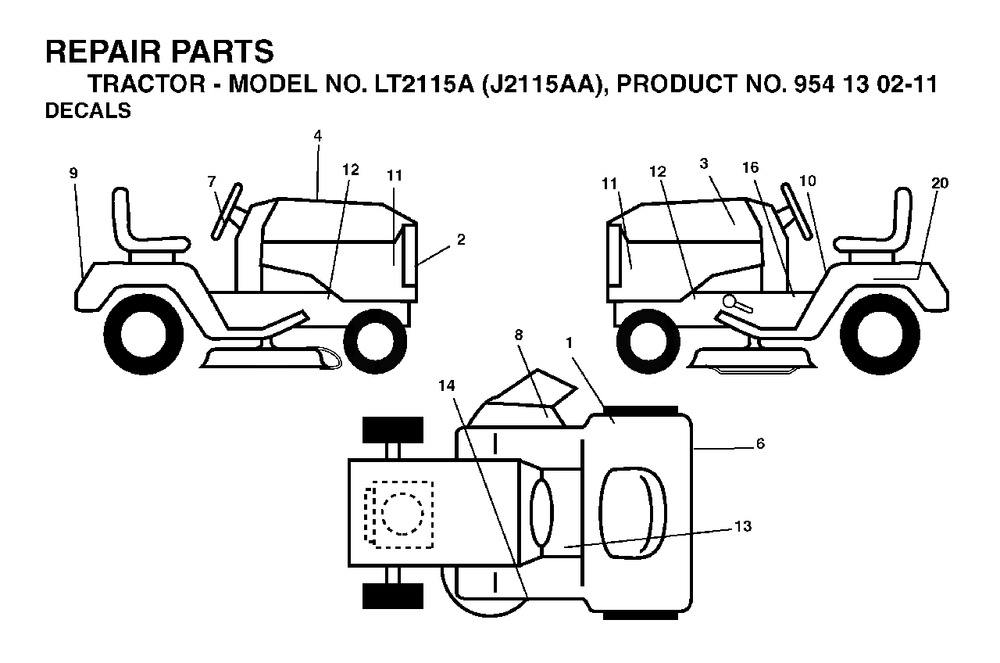 Decals Diagram and Parts List for LT2115A (954130211)(2004-01) Jonsered Lawn Tractor