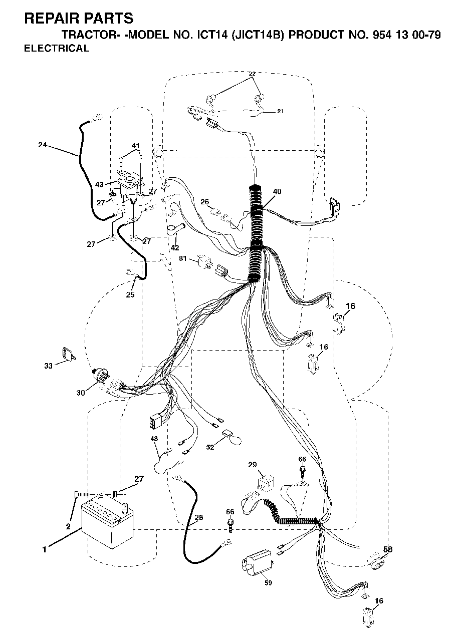 Electrical Diagram and Parts List for ICT14 (954130079)(2002-02) Jonsered Lawn Tractor