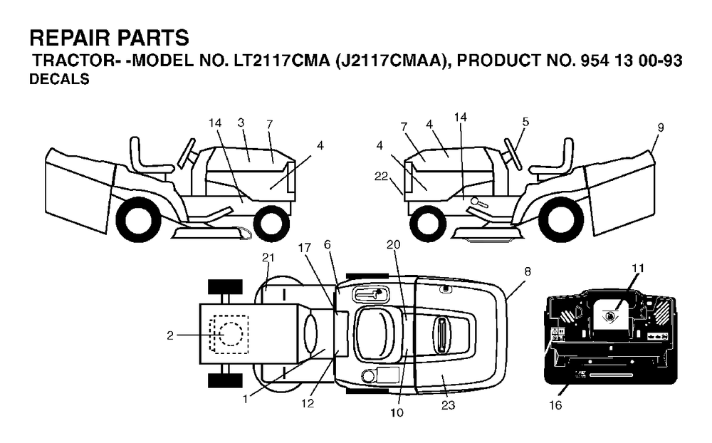 Decals Diagram and Parts List for LT2117CMA (954130093)(2003-01) Jonsered Lawn Tractor
