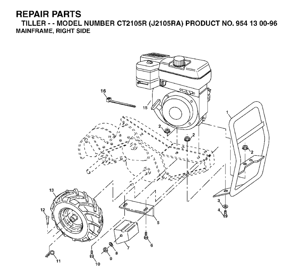 Mainframe Right Side Diagram and Parts List for CT2105R (954130096)(2003-01) Jonsered Tiller