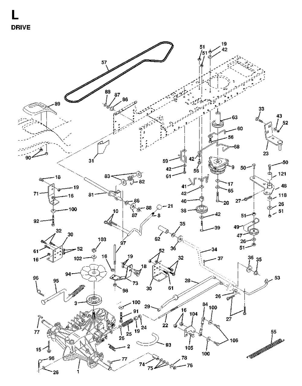 Drive Diagram and Parts List for LTH18 1998-02 Jonsered Lawn Tractor