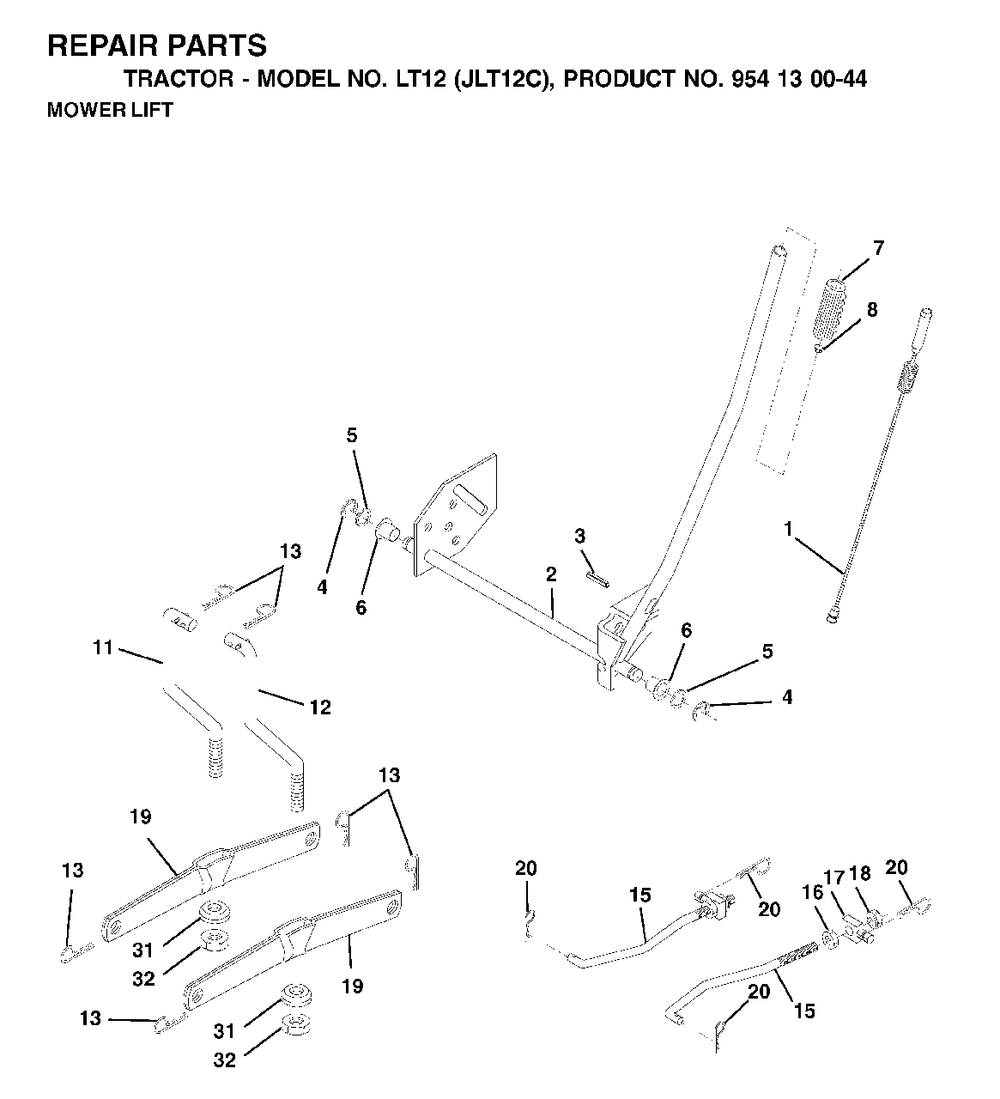 Mower Lift / Deck Lift Diagram and Parts List for LT12 (954130044)(2001-09) Jonsered Lawn Tractor