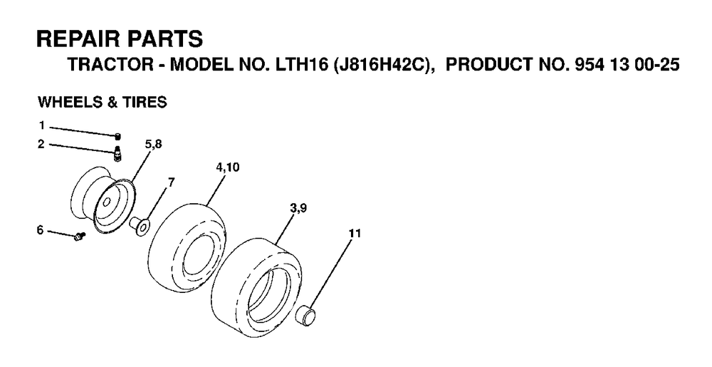 Wheels Tires Diagram and Parts List for LTH16 (954130025)(1998-12) Jonsered Lawn Tractor