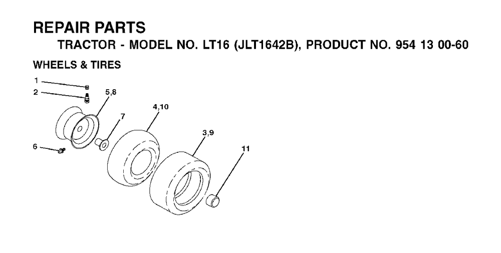 Wheels Tires Diagram and Parts List for LT16 (954130060-B)(2002-06) Jonsered Lawn Tractor