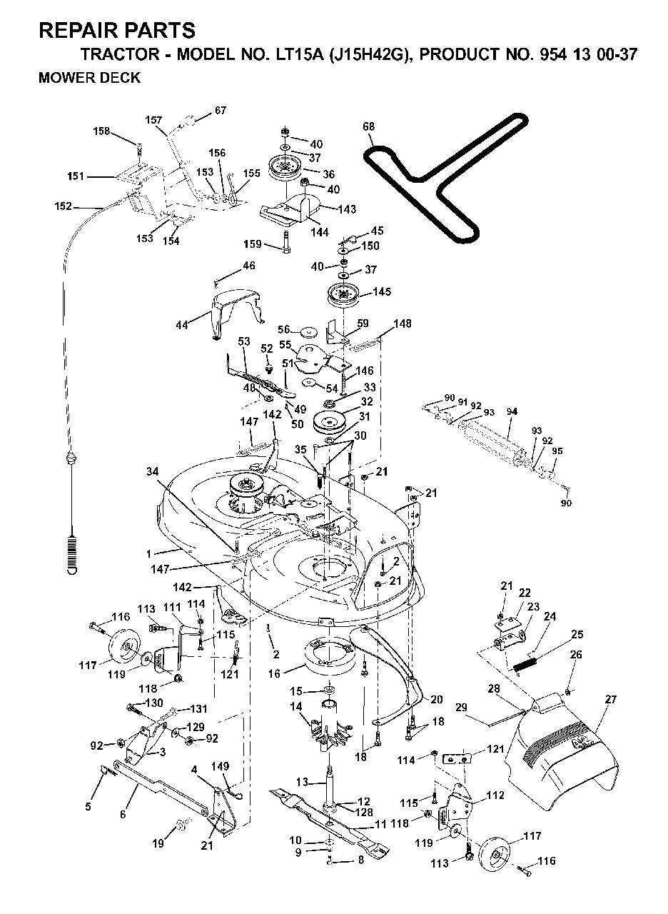 Mower Deck / Cutting Deck Diagram and Parts List for LT15A (954130037-G)(2000-04) Jonsered Lawn Tractor