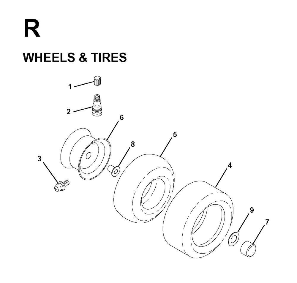 Wheels Tires Diagram and Parts List for LR11 1998-04 Jonsered Lawn Tractor