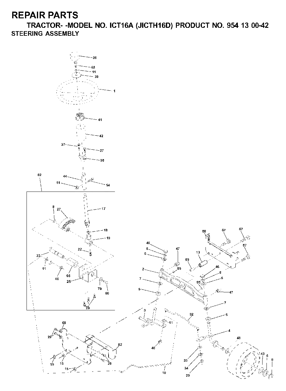 Steering Diagram and Parts List for ICT16A (954130042-D)(2000-04) Jonsered Lawn Tractor