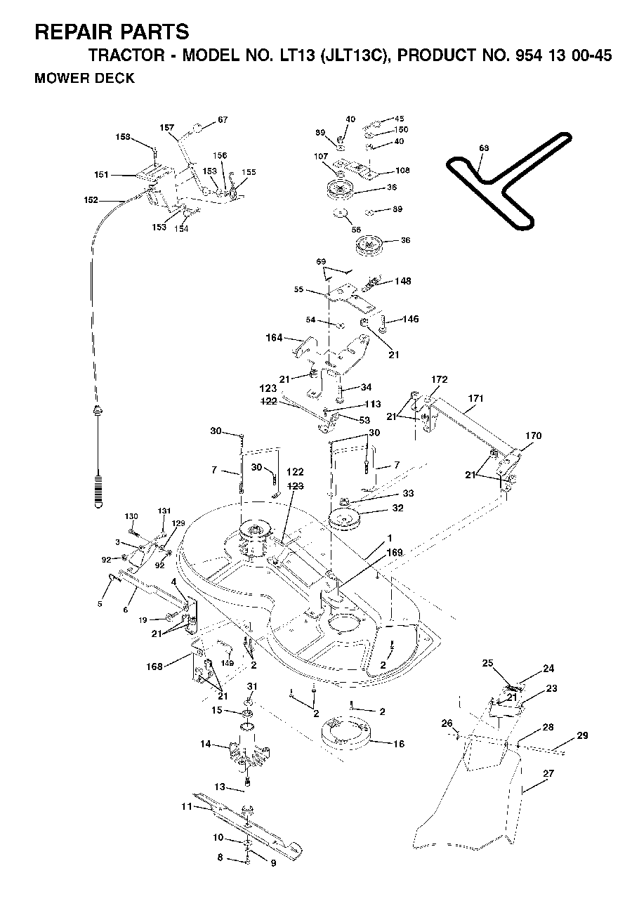 Mower Deck / Cutting Deck Diagram and Parts List for LT13 (954130045)(2001-09) Jonsered Lawn Tractor