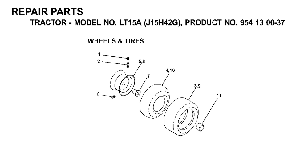 Wheels Tires Diagram and Parts List for LT15A (954130037-G)(2000-04) Jonsered Lawn Tractor