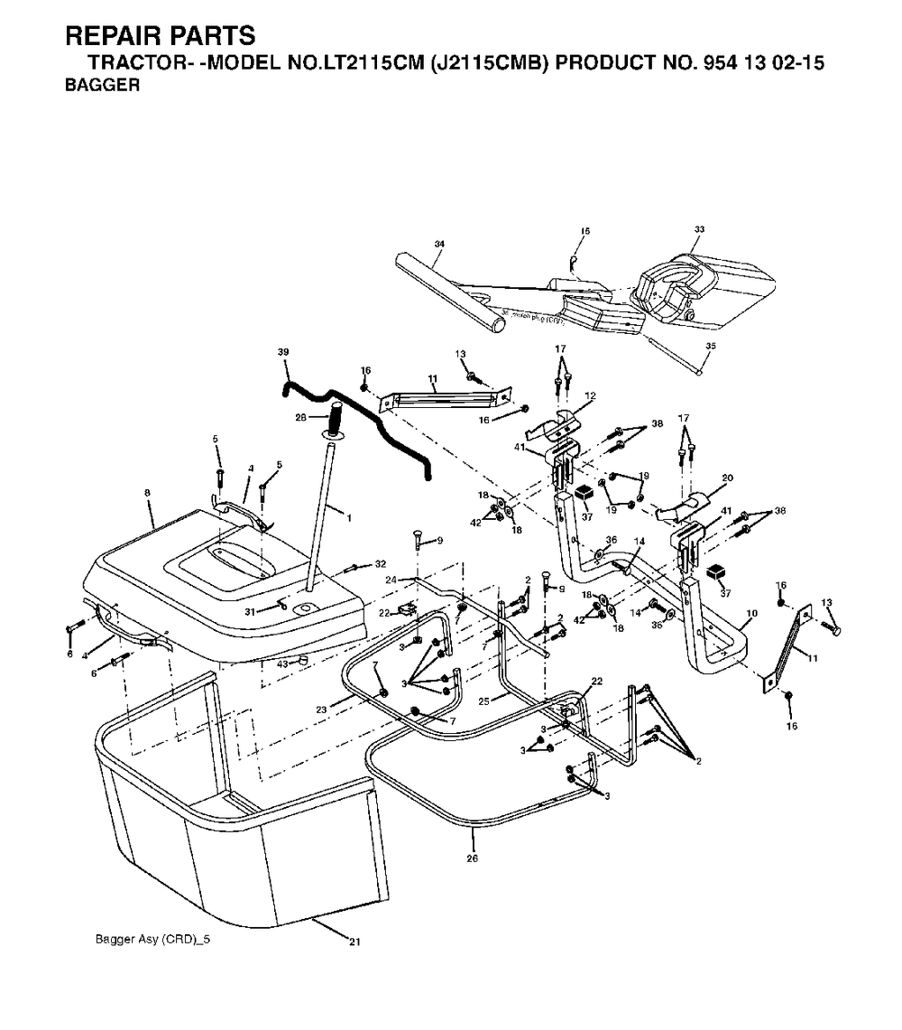 Bagger Diagram and Parts List for LT2115CM (954130215)(2004-06) Jonsered Lawn Tractor