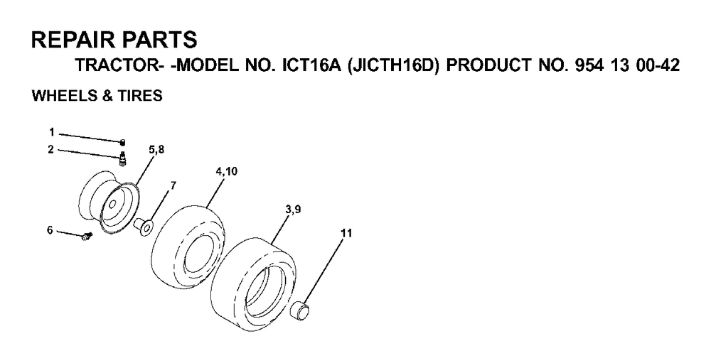 Wheels Tires Diagram and Parts List for ICT16A (954130042-D)(2000-04) Jonsered Lawn Tractor